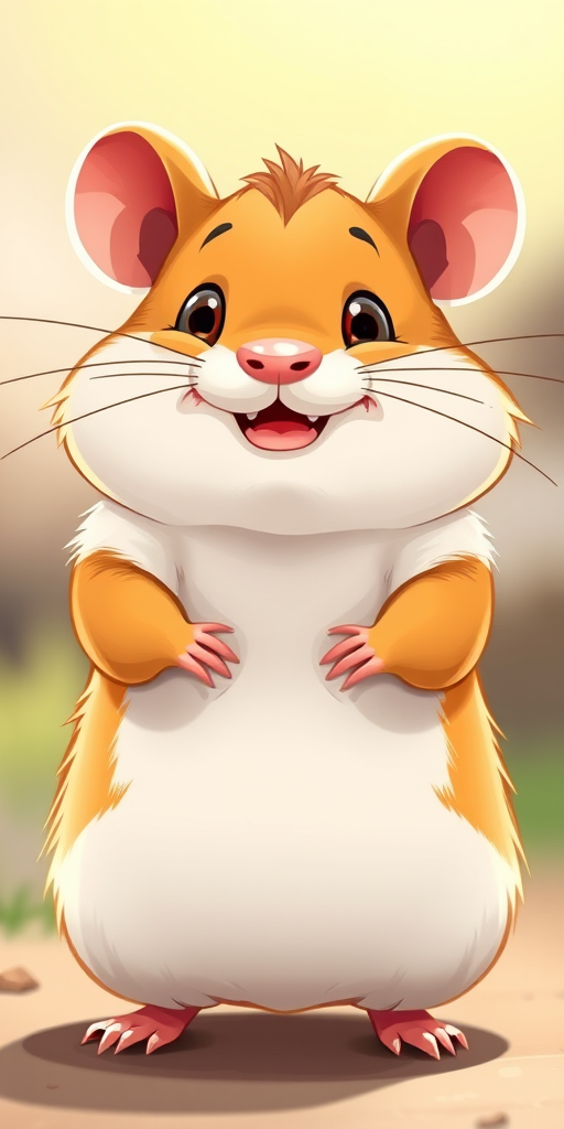 Create a high-resolution illustration of a cartoon-style hamster sitting on its hind legs, with a playful expression, using a Canon EOS R5 camera, 50mm lens, aperture f/2.8, ISO 100, shot in natural lighting.