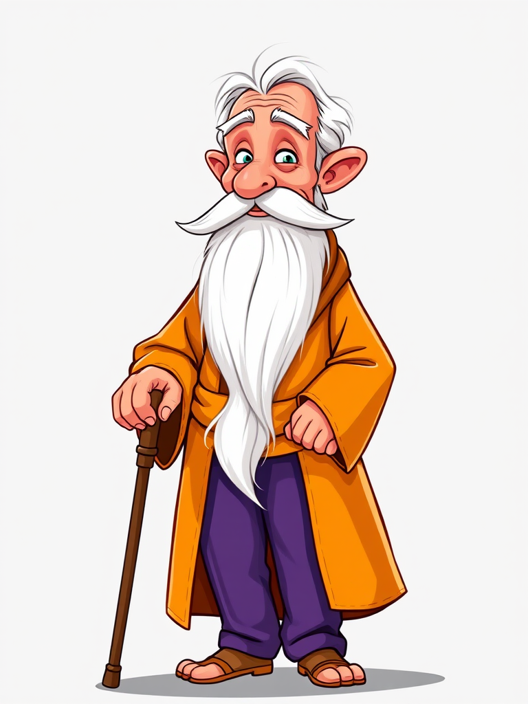 Create a digital illustration of an elderly cartoon character with a long white beard and mustache, wearing an orange robe and purple pants, standing with a cane, using a high-resolution digital camera at 50mm lens, f/2.8 aperture, ISO 100, and natural lighting for vibrant colors and sharp details.