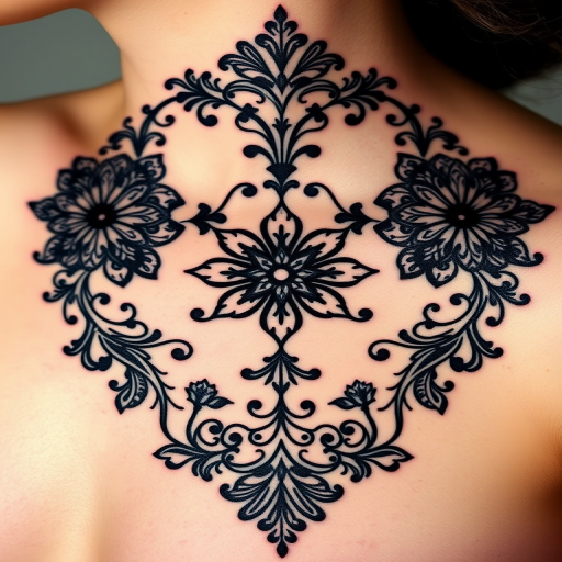 Ornamental blackwork tattoo titled "Lace Elegance" showcasing intricate floral and paisley patterns inspired by delicate lacework and filigree designs with solid black ink filling negative spaces to create a bold contrast against the skin incorporating symmetry and repetition to form a cohesive and visually stunning piece that mimics the appearance of jewelry or fabric on the body