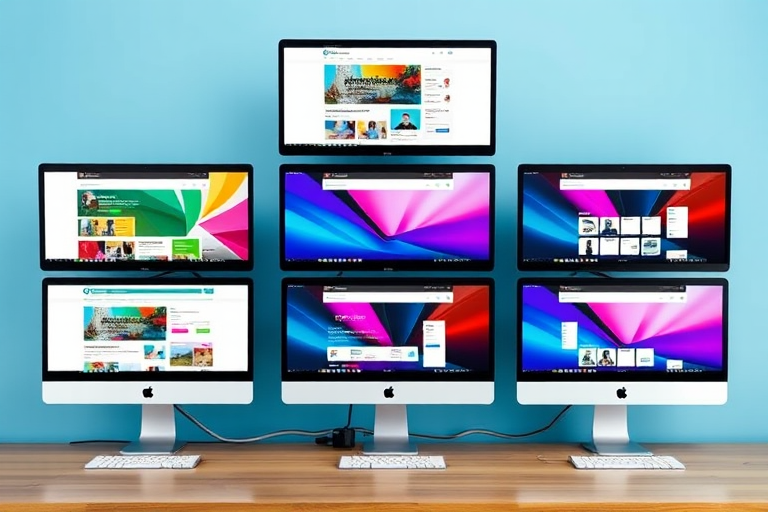 Create an image of nine computer monitors displaying various colorful web page layouts, with a light blue background, high resolution, 50mm lens, f/2.8 aperture, ISO 100, and soft natural lighting.