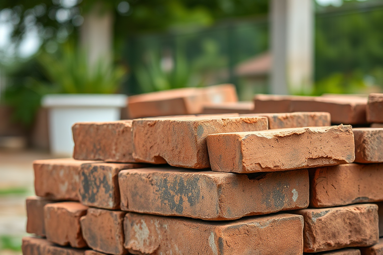 regenerate the image of a stack of weathered bricks in an outdoor setting, sharp focus, aperture f/4, ISO 100, shot from a low angle using a DSLR camera with a 50mm lens to enhance texture and detail