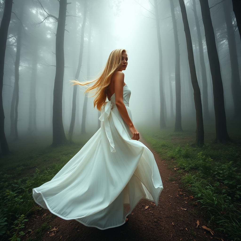 A wide-angle shot of a blonde woman standing on a misty forest path, wearing a flowing white dress. The rich fabric of her skirt billows gently in the wind, while her long blonde hair flows freely in the same breeze. The surrounding forest is enveloped in soft mist, creating a dreamy and ethereal atmosphere. Above her, the sunlight gently breaks through the fog, casting a faint glow over the scene. The woman's serene posture and the soft, natural light create a peaceful and mystical mood.