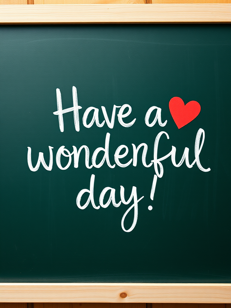 Create an image of a chalkboard with handwritten text saying "Have a wonderful day!" in a playful cursive style, include a red heart, shot with a DSLR camera at f/2.8, ISO 100, 50mm lens, top-down view, bright natural lighting for clarity and vibrancy.