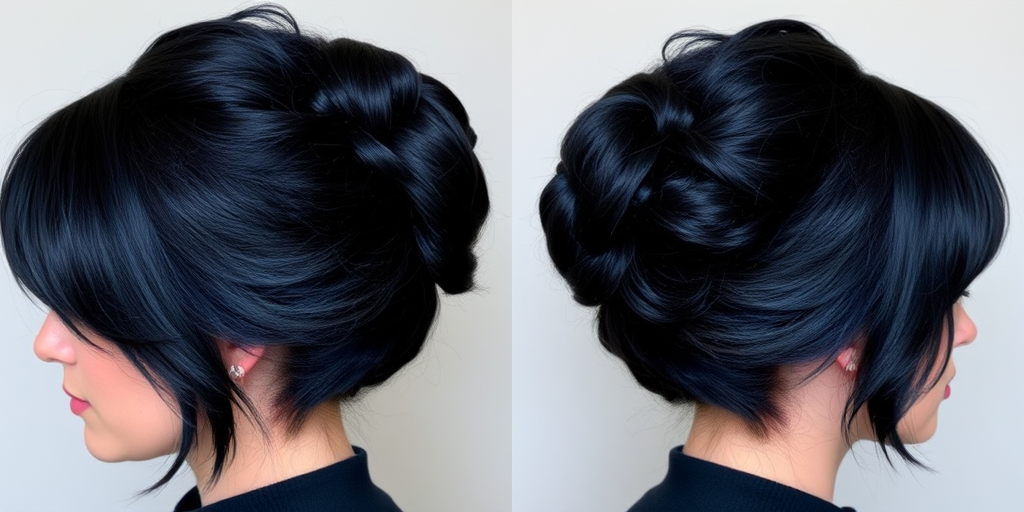 Raven black hair with subtle blue undertones, styled in a sleek, high bun with choppy bangs, the Midnight Raven style exudes mysterious allure and polished sophistication