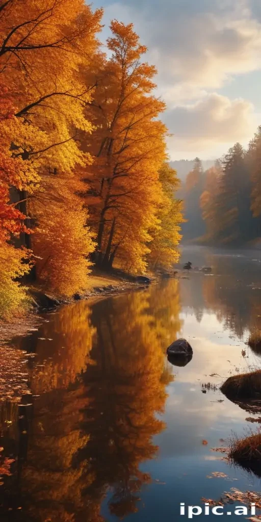 Serene Autumn Landscape with Golden Leaves Reflecting on Calm Water