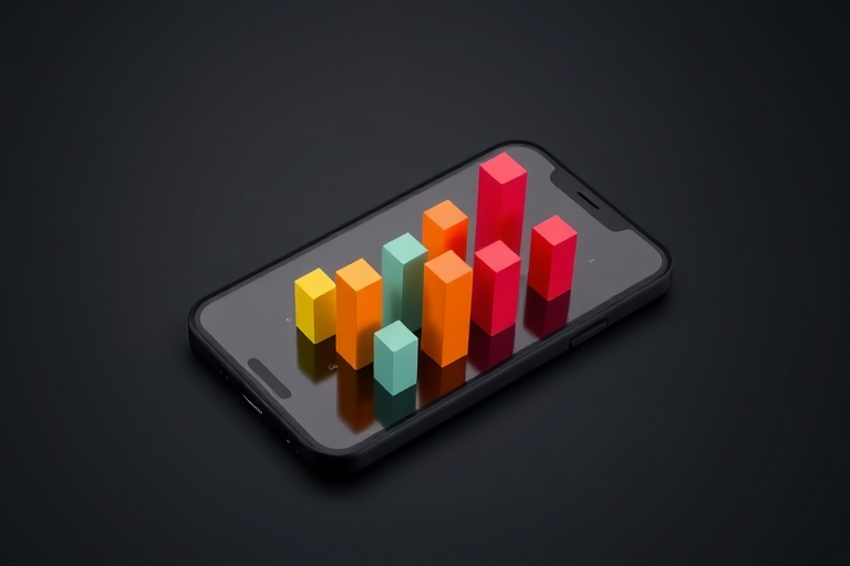Create a 3D rendering of a smartphone displaying colorful bar graphs in a dark background, using a Canon EOS 5D camera, 50mm lens, aperture f/2.8, ISO 100, with a soft focus effect and a slight top-down angle for depth.