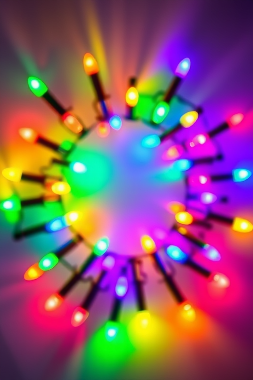 Create a vibrant circular arrangement of multicolored Christmas lights on a transparent background, using a Canon EOS R5 camera, 50mm f/1.8 lens, aperture set to f/2.8, ISO 100, and a shallow depth of field to enhance the colors and details.