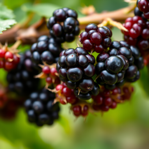 macro shot of blackberries on a vine with varying ripeness, soft focus background, aperture f/2.8, shutter speed 1/200, ISO 200, natural light, DSLR camera