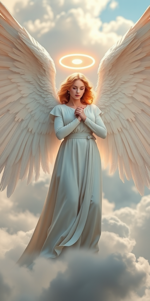 High-resolution image of a majestic angel with large white wings and a halo, standing on clouds with a serene expression, captured with a Canon EOS R5 at f/1.8, ISO 100, 50mm lens, soft focus, backlighting for ethereal glow.