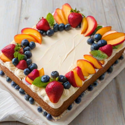Create an image of a beautifully decorated rectangular cake topped with an assortment of fresh fruits such as peaches, strawberries, and blueberries, along with vibrant flowers like roses and small greenery. The cake should have a smooth white icing and be presented on a simple serving platter, with a cake server placed alongside it. The setting should have a rustic wooden table background.