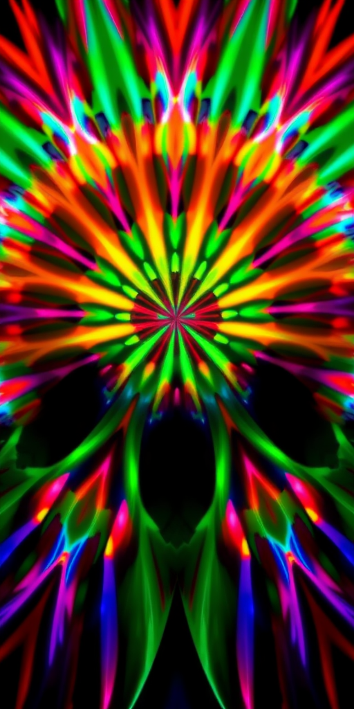 Generate a vibrant, kaleidoscopic abstract image with a symmetrical pattern of colorful light trails, taken with a DSLR camera at f/8, ISO 100, shutter speed 1/60s, using a wide-angle lens and a long exposure style for enhanced clarity and brightness.
