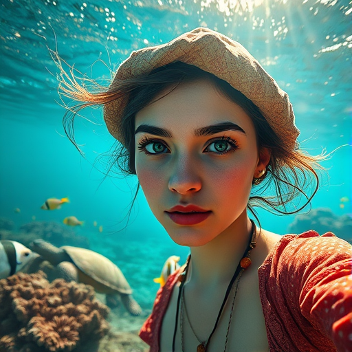 Realistic selfie image of a Romani, wearing a vintage outfit, detailed dreamy eyes, droopy hooded eyes, staring at the camera, taken underwater at coral reef with a sunbeam filtering through the water, vibrant, summer vacation, natural lighting, turtle and school of tropical fish with vibrant colors, rendered in the style of CryEngine, Pegi Nicol MacLeod, with realistic genre scenes, hauntingly beautiful narratives, ultra-realism, and Thomas Saliot's close-up technique, 8K resolution, crystal clear and sparkling water.