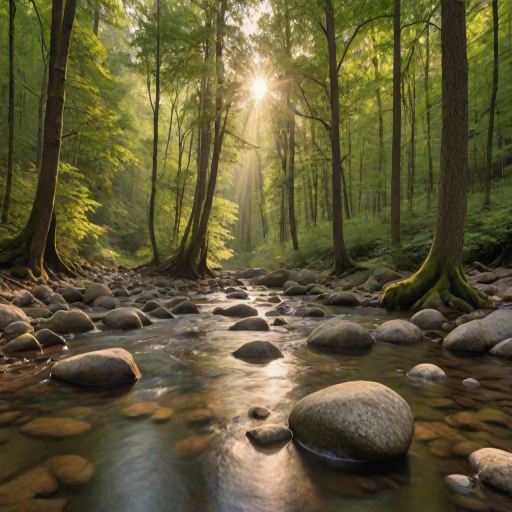 Create an image of a serene, sunlit forest scene with a clear, gently flowing river. Tall trees with lush green foliage line both sides of the river, their leaves bathed in the warm golden light of the setting or rising sun. The sunlight filters through the trees, casting soft, dappled light on the river, which flows over smooth rocks and pebbles, creating a peaceful, natural atmosphere. The sky is bright with a few scattered clouds, and the overall mood is tranquil, evoking a deep sense of connection with nature. The image captures the beauty of a calm, pristine forest landscape at either dawn or dusk.