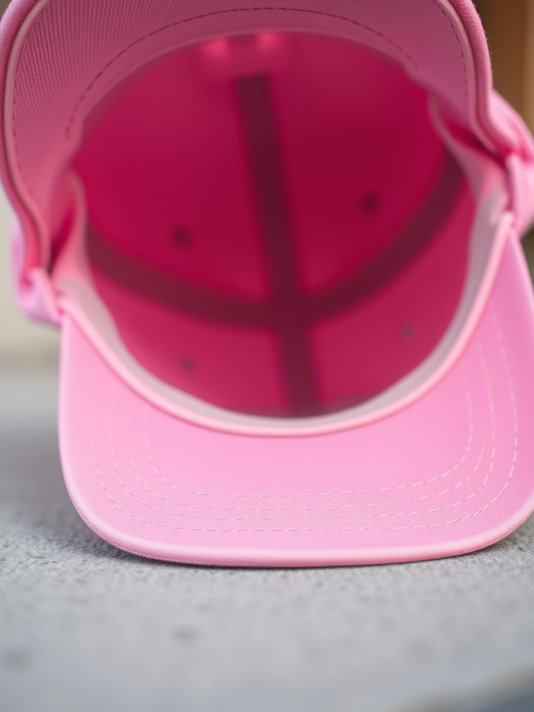 Create a high-resolution image of a pink baseball cap from a slightly tilted angle, using a DSLR camera with a 50mm lens, aperture set to f/2.8 for shallow depth of field, ISO 100, and natural light for vibrant colors and soft shadows.