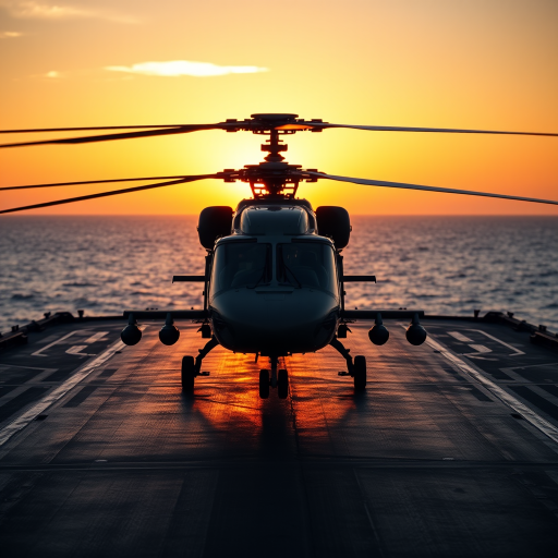 helicopter on a naval ship deck at sunset, captured with a DSLR camera, aperture f/2.8, shutter speed 1/500 sec, ISO 200, wide-angle view, focus on the helicopter with motion blur on blades, natural lighting