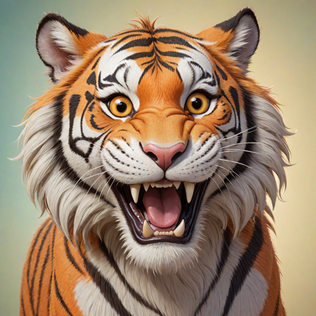 Disney style, cartoon illustration of an orange and white tiger with messy hair smiling very wide open mouth showing, in the Disney Pixar animation style, in the style of Don Bluth, full teeth body, with a very detailed face, very detailed eyes, very detailed fur, full color, very colorful, with a very colorful background, soft pastel colors, high resolution, high quality, high detail, hyper realistic