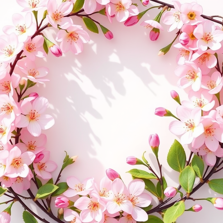 Create a floral frame with soft pink and white blossoms on a white background, captured with a DSLR camera at f/2.8, 50mm lens, in bright natural light, and a shallow depth of field for enhanced detail.
