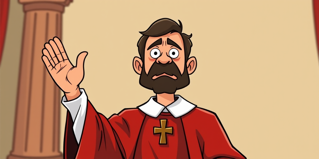 Create an illustration of a historical judge in a red robe with a cross on the collar, facing forward with one hand raised, drawn in a cartoonish style, captured with a DSLR camera at f/4 aperture, 50mm lens, natural lighting, and a shallow depth of field for enhanced clarity.