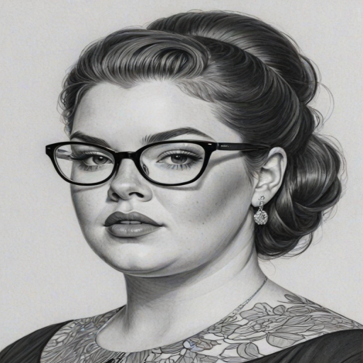 Sublime Tess Holliday, pencil sketch, portrait of Dazzling woman 1964s in glasses, hair style beatnik, outline, clear lines, fine lines, 8k