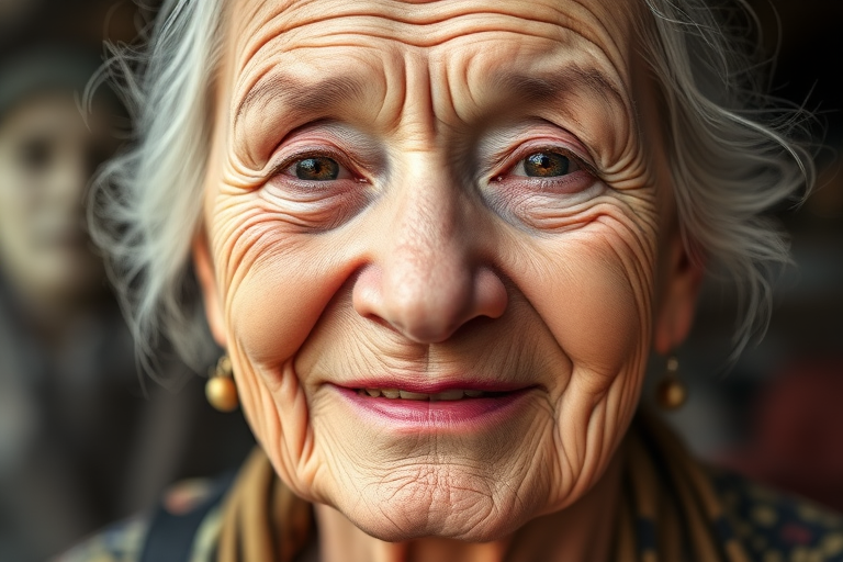 Portrait of an elderly woman with deep wrinkles and a warm expression, natural lighting, 50mm lens, f/1.8 aperture, ISO 100, soft focus background, captured with a full-frame DSLR camera.