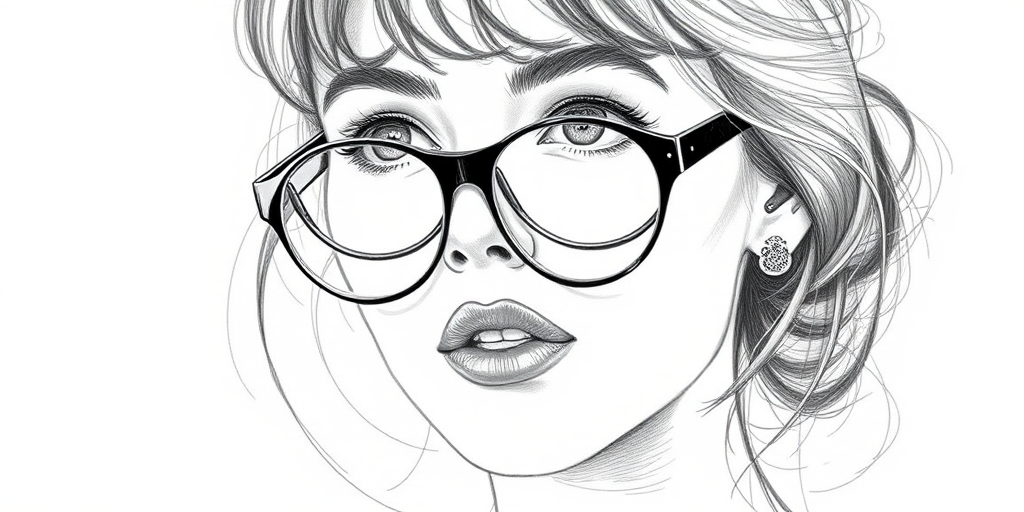 Beautiful Rooney Mara, pencil sketch, portrait of beautiful woman 60s in glasses, hair style beatnik, outline, clear lines, fine lines, 8k