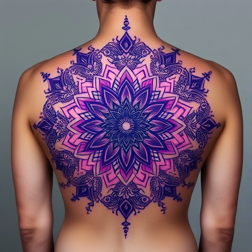 Enchanting dotwork mandala tattoo adorning the upper back and shoulders with intricate patterns radiating outward in gradient shades of purple and indigo creating a hypnotic three-dimensional effect