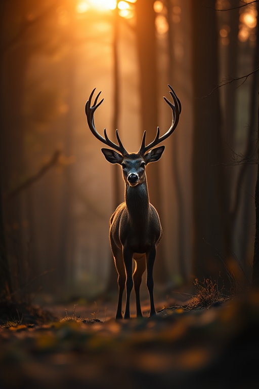 capture a majestic deer standing gracefully in a dimly lit forest, surrounded by tall trees and a soft golden glow, with a shallow depth of field, using a DSLR camera with a 50mm lens at f/1.8, ISO 200, shutter speed 1/200, in natural lighting to enhance the warm tones and details in the background
