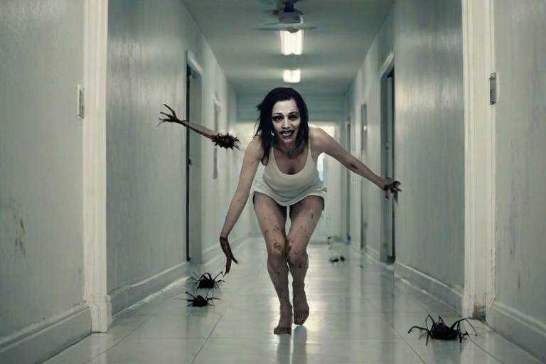 a crooked female with long arms and a creepy smile is crawling along a long white corridor and you can also see cockroaches in it there is a creepy atmosphere creepy art style
