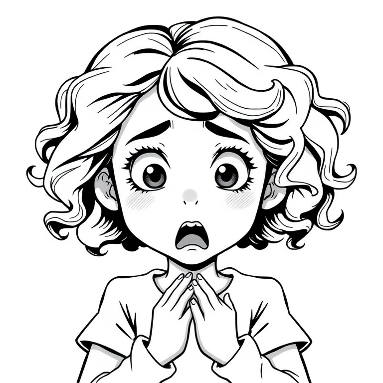 The image is a black and white illustration of a young girl with curly hair. She has a surprised expression on her face with her mouth open and her hands clasped together in front of her chest. Her eyes are wide and her eyebrows are furrowed. Her hair is styled in loose curls that are cascading down her back. The overall mood of the image is one of shock or surprise.