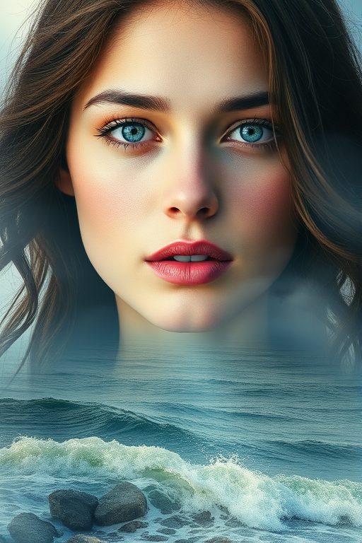 imagine Book cover, A surreal double exposure portrait that blends a woman's face with a beautiful seascape. The overall mood is dreamy and mystical, with rich colors and intricate details