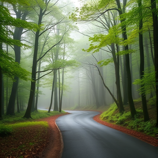create a serene forest pathway with lush green trees and mist in the atmosphere, captured with a Canon EOS R5, 24-70mm f/2.8 lens, aperture f/4, shutter speed 1/125s, ISO 200, in soft natural light, with a slightly low angle view for depth and an emphasis on the winding road in the foreground.