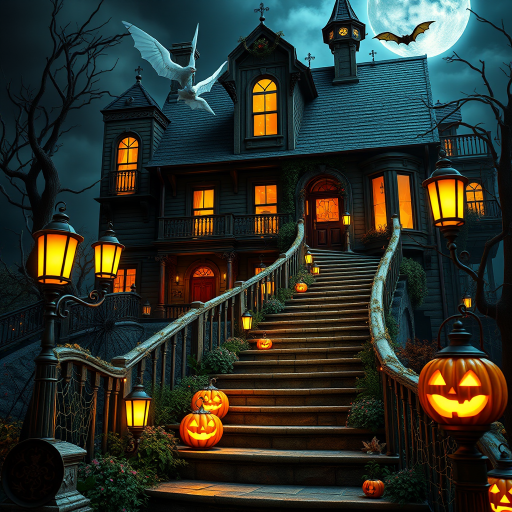 airbrushed oil painting, halloween theme, a haunted house, stairs, highly decorated, illuminated, lanterns, jack o'lantern, bats, webcobs