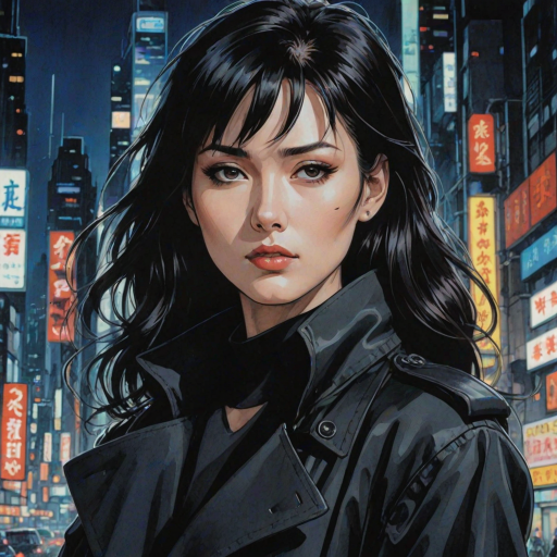 drawing of a closeup on face of woman wearing a long black trench-coat futuristic city in the background in the style of the 90s anime Akira