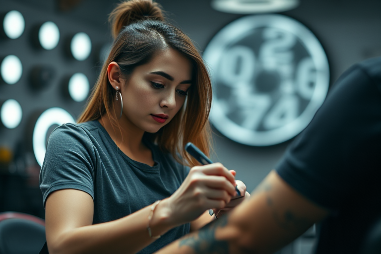 portrait of a female tattoo artist working on a client's arm in a modern tattoo studio with circular LED lights in the background, soft focus background, Canon EOS R, 50mm f/1.8, ISO 400, aperture f/2.8, shutter speed 1/60s, natural lighting