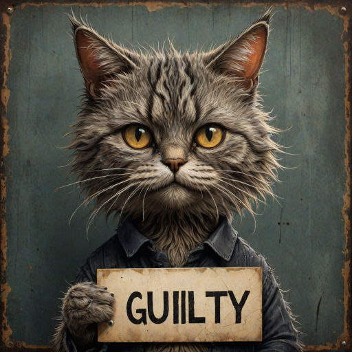 A comical cartoon-like scruffy cat, battered, dirty, with a mug shot and 'guilty' written on the board, in a whimsical and surreal art style with dark fantasy themes, dramatic lighting effects, minimalist and abstract touches, hyper-realistic details, textured backgrounds, vintage aesthetics, playful and exaggerated characters, gothic aesthetics, intricate designs, detailed patterns, and artistic composition