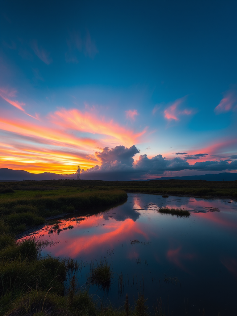 Create a high-resolution image of a serene landscape at sunset with vibrant colors and reflections on water, using a Canon EOS R5, 35mm lens, f/8 aperture, ISO 100, 1/60 sec shutter speed, captured from a slightly elevated view to emphasize depth and detail.