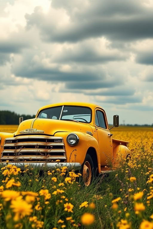 an old yellow truck in a field of yellow flowers under a cloudy sky, vibrant colors, emphasis on the truck's vintage design, taken with a DSLR camera, aperture f/8, shutter speed 1/250s, ISO 100, 50mm lens, side view, soft focus background, high resolution