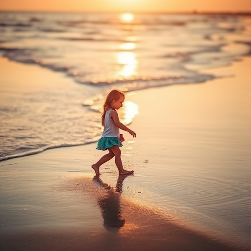 Generate an image of two young children playing at the water's edge on a sandy beach during golden hour, captured with a DSLR camera at ISO 200, f/2.8, 1/250s, with a 50mm lens, in a shallow depth of field to emphasize the children against a softly blurred background.