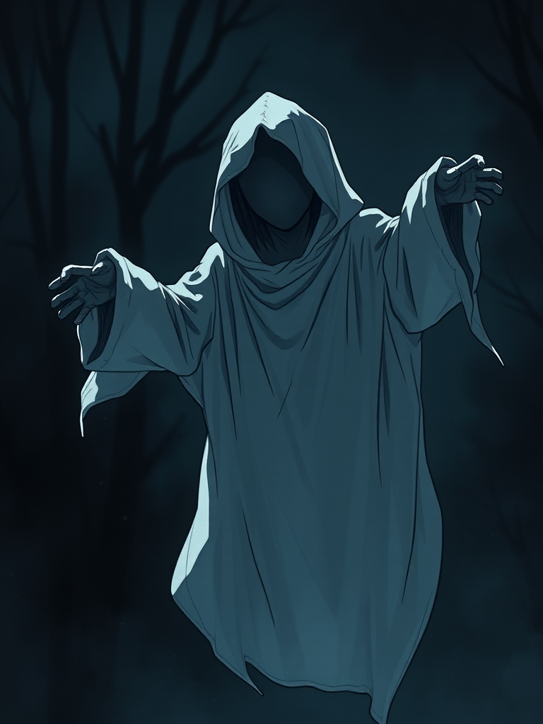 night, dark, natural lighting, faceless-humanoid focus, floating, Dafaceless, no face, white_Dafaceless_cloth, 1faceless, intricately detailed illustration, depth of field, atmospheric perspective, horror (theme)
