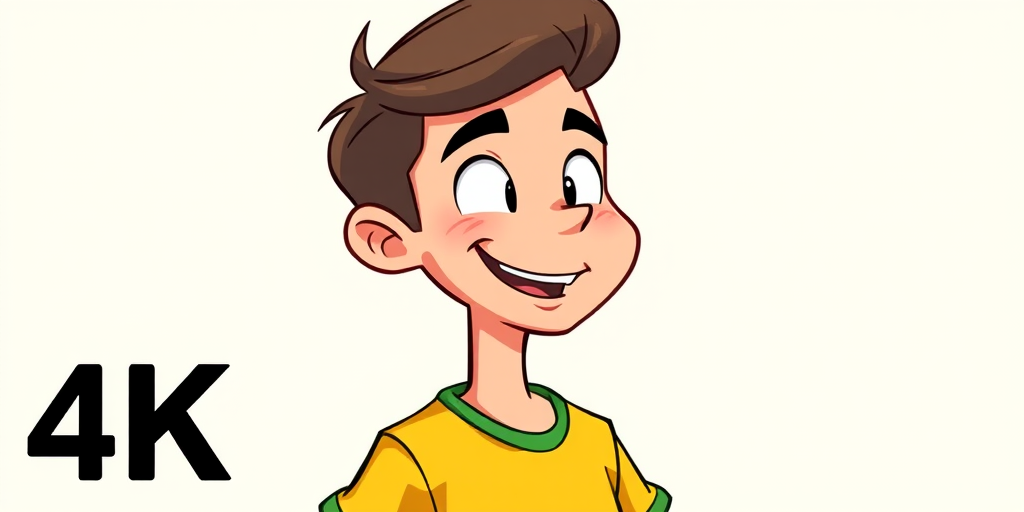 Create a high-resolution cartoon character illustration of a young man with a playful expression, wearing a yellow shirt and green accents, standing against a simple background, using a digital drawing tablet, in portrait orientation, with a focus on vibrant colors and smooth lines, captured in 4K resolution.