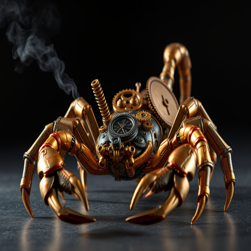 Create a high-intensity, high-resolution image of a steampunk scorpion, featuring intricate clockwork mechanisms and brass gears. The scorpion should have metallic limbs with elaborate jointed segments, showcasing a blend of Victorian-era aesthetics and futuristic technology. The body should be adorned with cogwheels, pistons, and small steam vents emitting a subtle mist, the front pinchers should up up and open. Capture the scene with dramatic lighting to emphasize the mechanical details, giving it a sense of motion and life