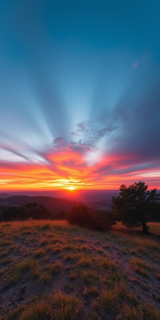 Create an image of a serene landscape at sunrise with vibrant colors, using a DSLR camera with a 24mm lens, aperture f/8, ISO 200, and a wide-angle view, enhancing clarity and detail.