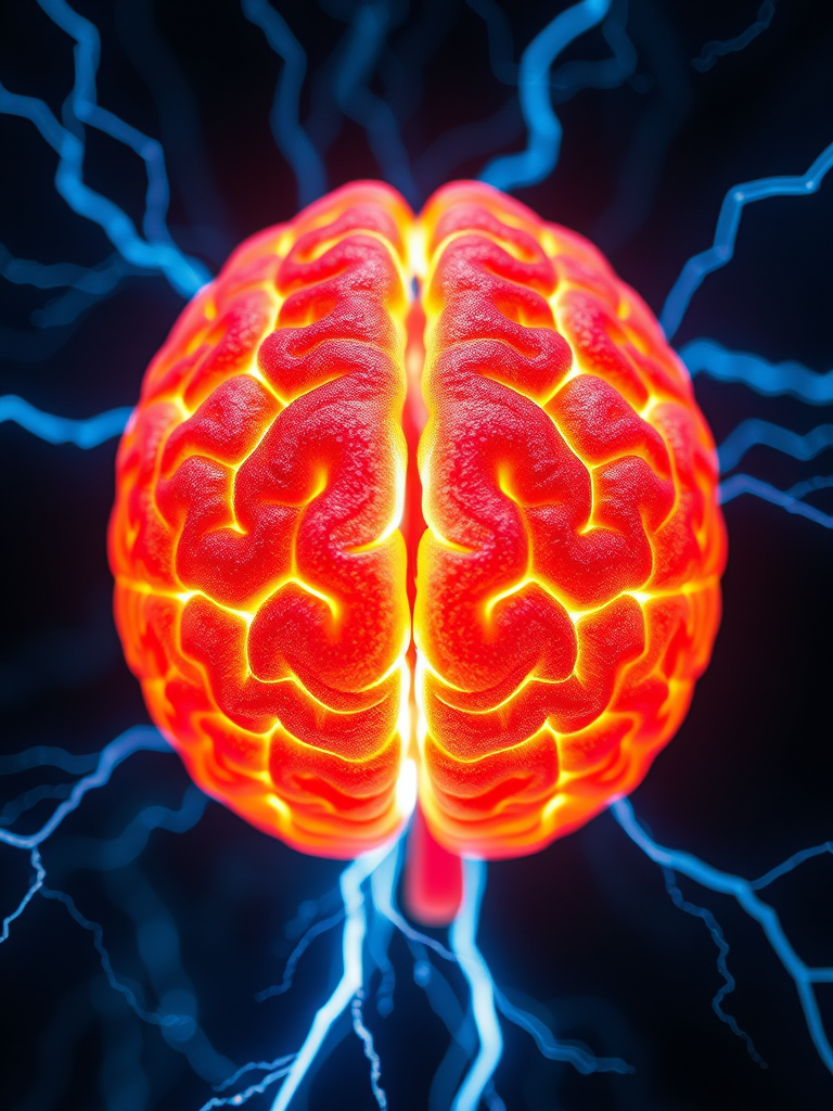 Create a high-resolution image of a glowing human brain surrounded by blue lightning effects, shot with a Canon EOS R5 at f/1.8, ISO 100, 1/200s, using a macro lens from a slightly elevated angle for dramatic lighting and detail enhancement.