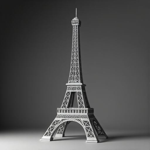 3D model of the Eiffel Tower in monochrome, front view, high dynamic range, f/8 aperture, ISO 100, 24mm lens, studio lighting, sharp focus, minimal reflections.