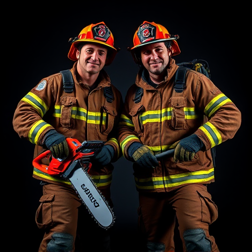 Two firefighters in uniform posing with a chainsaw and an axe, studio lighting with a dark background, low angle view, shallow depth of field, DSLR camera, f/2.8, ISO 200, 1/125s.