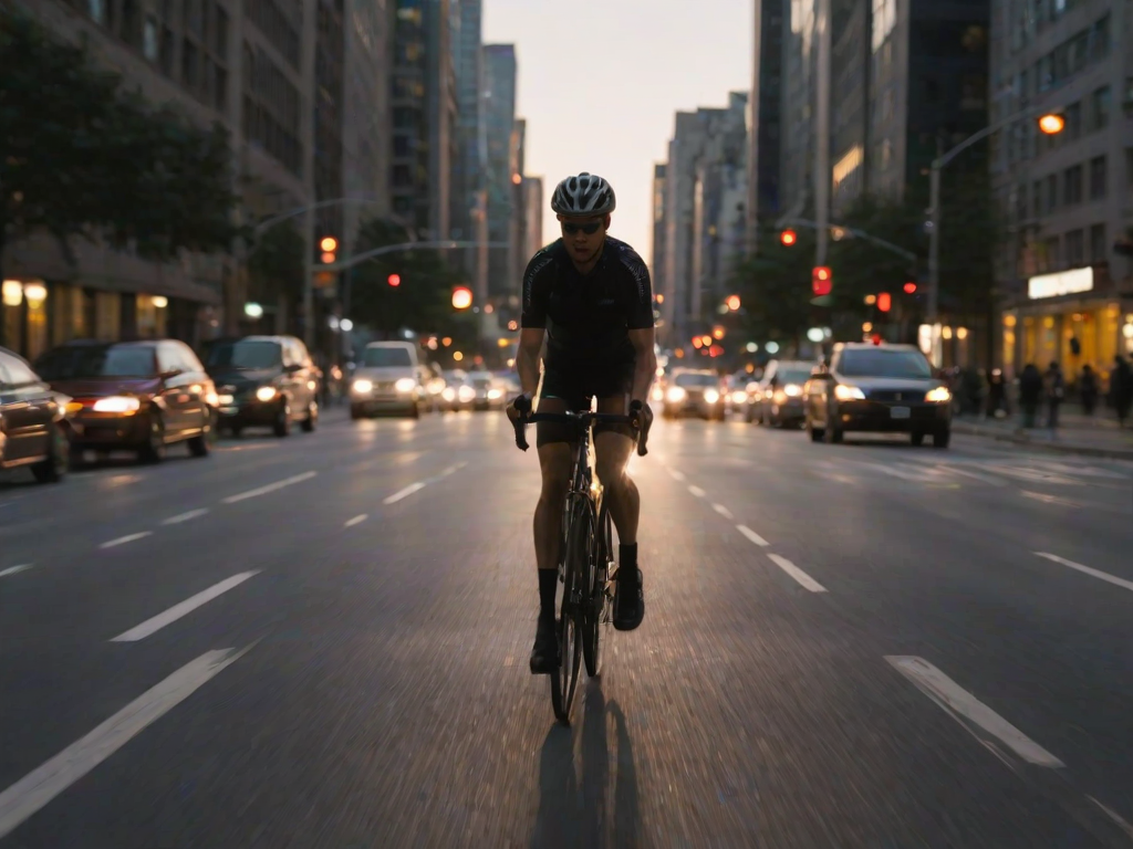 Blurry, fast-motion shot of a cyclist riding through a busy city street at dusk, headlights of cars and streetlights forming glowing streaks in the background, tall buildings casting long shadows, and the rush of evening traffic filling the air.