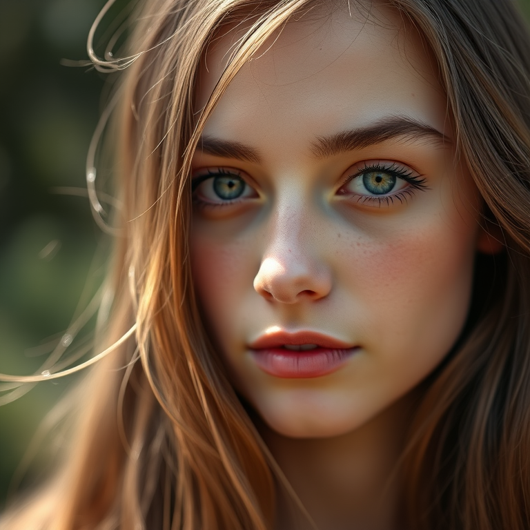 Portrait of a young woman with long, flowing hair, soft features, and striking gray eyes, captured with a Canon EOS R5 at f/1.8, 85mm lens, ISO 100, using natural light with a shallow depth of field for a soft bokeh effect.