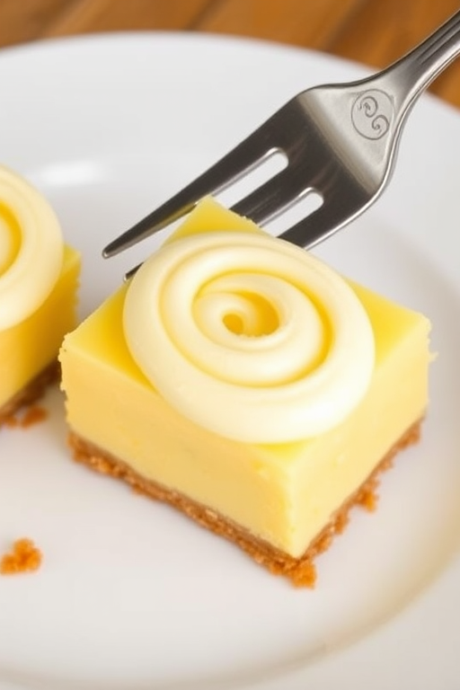 A close-up view of a delicious yellow dessert with a creamy swirled top on a graham cracker crust placed on a white plate, with one square piece on a fork ready to be served.