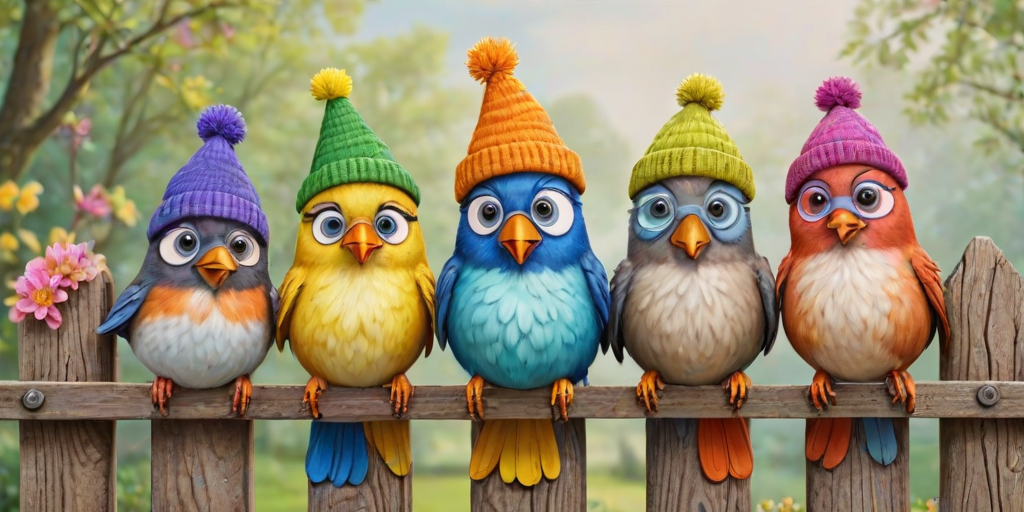 create a scene of 4 quirky  whimsical colourful comical birds each with a funny expression. they are sat on a wooden fence with colourful flowers. they are all different sizes. each one is a different colour  one is wearing a woolly hat. Each one has a different quirky google expression and there is a muted background of trees watercolour paintierly style high definition 8k resolution 3D paper mache