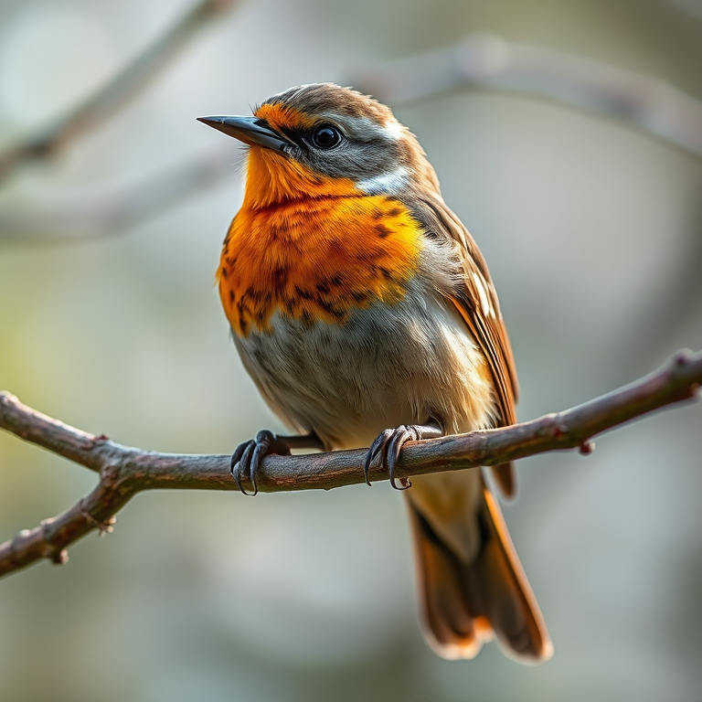 Regenerate the image of a bird perched on a branch, with detailed textures and colors, using a DSLR camera set to ISO 200, aperture f/4, shutter speed 1/250 sec, in a close-up view with soft natural lighting for enhanced clarity and vibrancy.